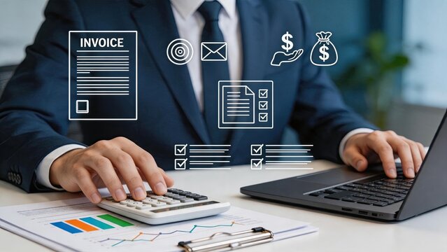 Accountant working on invoice and taxes, using calculator and laptop, financial document processing, bookkeeping services, payment receipt, money management, corporate billing