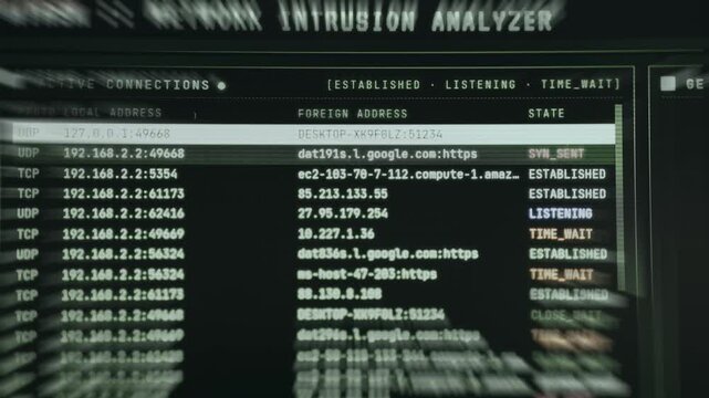 Output of a network monitoring tool tracking active connections on computer