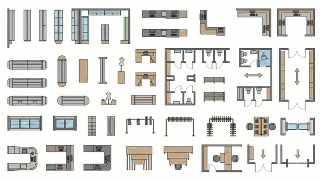 Top View Architectural CAD Blocks Vector Icon Set Modern Retail Store Planning Assets Shelving Checkout Fitting Rooms Shopping Circulation Layout Collection