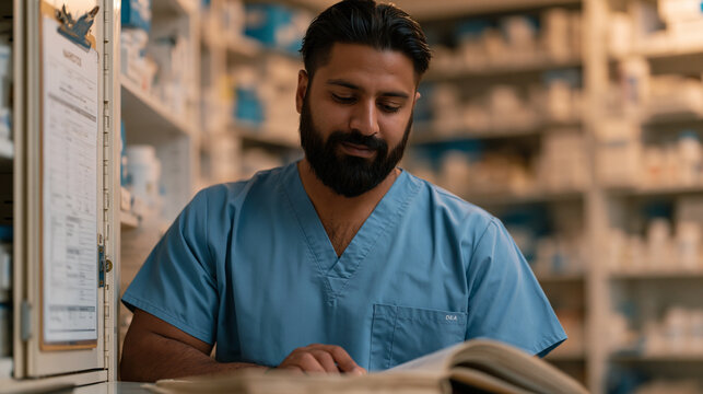 Pharmacy technician trainee practicing controlled substance inventory reconciliation under direct pharmacist supervision, bound DEA logbook open beside locked narcotics cabinet, compliance audit che