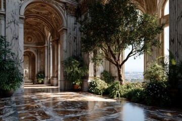 Fototapeta premium Sunlit luxury marble hallway with tall indoor tree and elegant plants in bright classic architectural interior
