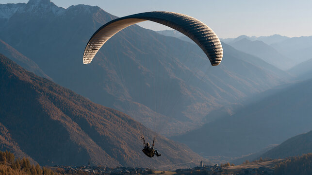 Paraglider catching thermal updraft above autumn-colored alpine valley, harness suspended against vast mountain panorama, variometer instrument visible, glider wing fabric taut in rising air column,