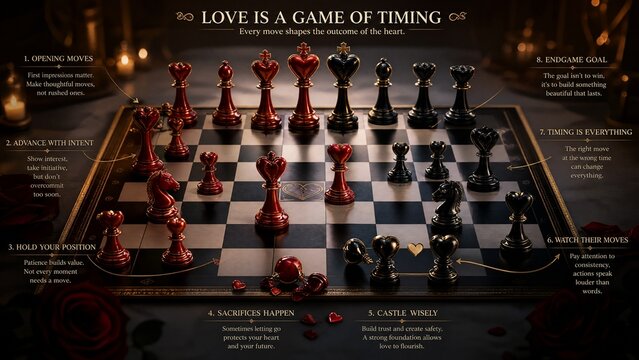 Symbolic chessboard with heart-shaped pieces at varied positions, depicting romantic timing dynamics.
