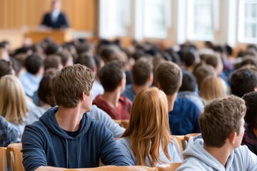 Obraz premium Students attentively listening to a lecture in a large university lecture hall, a professor visible at the front.