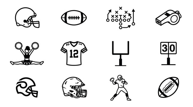 American Football Sport Line Icon Vector Set Featuring Helmets Ball Whistle Playbook Tactics Jersey Goal Post and Cheerleader Symbols for Championship Game Designs