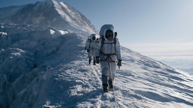 High-altitude mountaineering team roped together crossing glacial snowfield, crampons biting into ice surface, crevasse hazard visible to one side, expedition leader using ice axe for stability, tea