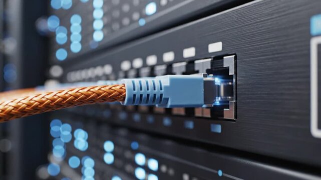 Glowing blue ethernet cable plugging into server port.