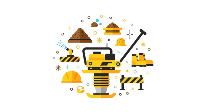 Construction and Road Work Equipment Illustration with Tamping Rammer, Safety Helmet, and Industrial Tools on White Background