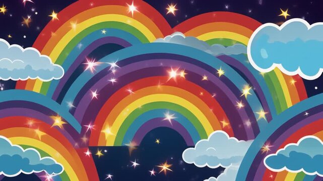 Magical Vibrant Rainbow Over Night Sky Background Filled with Sparkling Stars and Fluffy Clouds