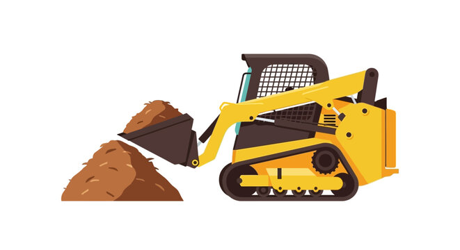 Yellow Skid Steer Loader Flat Vector Illustration Moving Dirt Pile Isolated on White - Compact Track Loader Construction Machinery