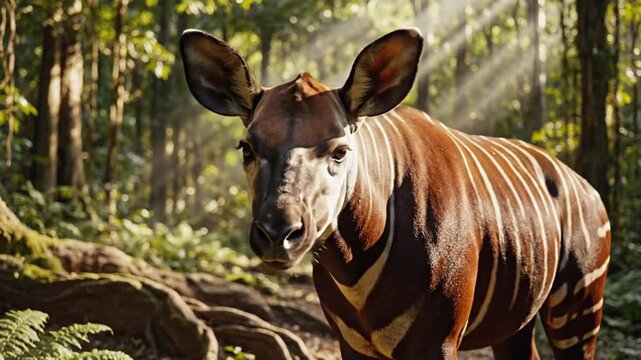 An okapi stands alert and serene in a sunlit forest glade, its striking stripes dappled by light beams.