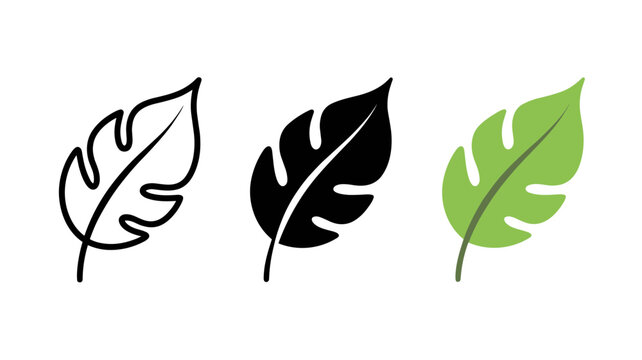 Minimal leaf icon set vector, outlined and filled foliage symbols in black and green, modern nature logo elements