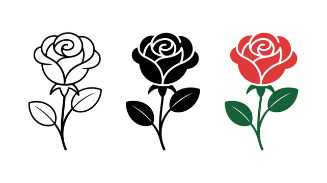 Rose icons, vector roses, floral symbols, black, white, red