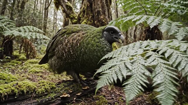 A rare, flightless kakapo parrot walks cautiously through the lush, green New Zealand bush surrounded by ferns and moss.