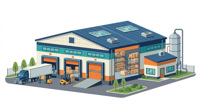 Modern Warehouse Building with Loading Dock and Delivery Truck.