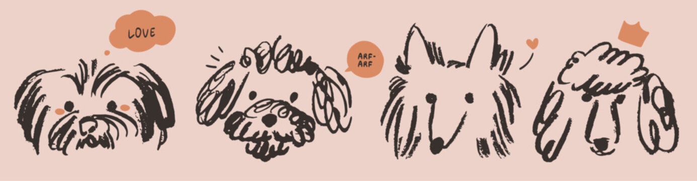 Chalk or charcoal style dog drawings. Hand drawn puppy sketch scrapbook art. Wax crayon grunge funny whimsical cute fluffy illustrations for tshirt print, placard, poster or isolated doodle stickers.
