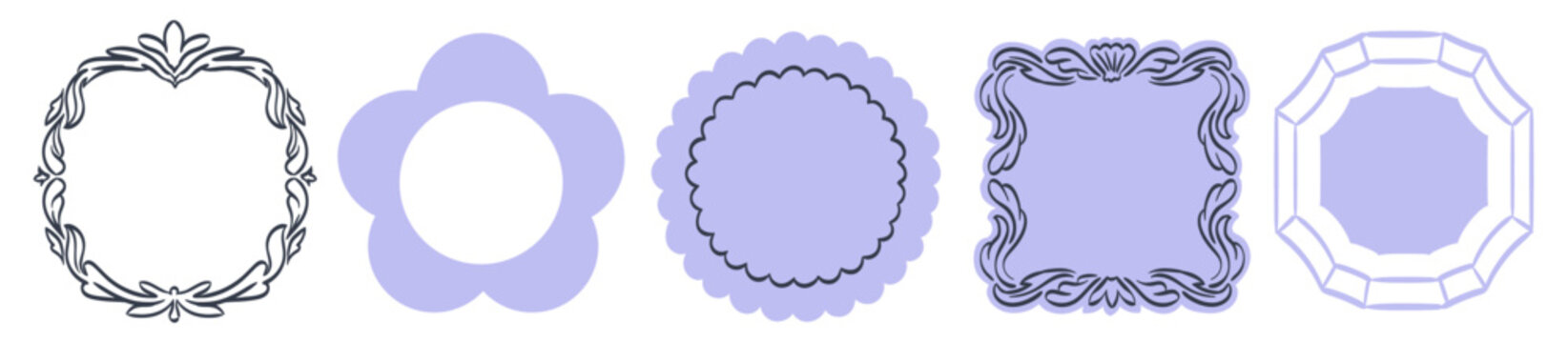 Collection of hand drawn round, square and flower frame shapes. Baroque victorian style border forms for wedding menu invitations, stickers, labels, banners and creative layouts. Birthday card decor.