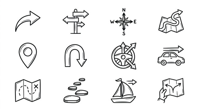 Navigation Icons Set Hand Drawn Style.