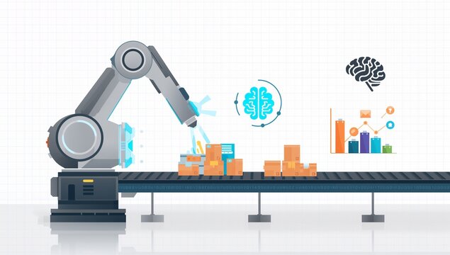 Modern industrial robotic arm assembling items with data visualization and artificial intelligence icons
