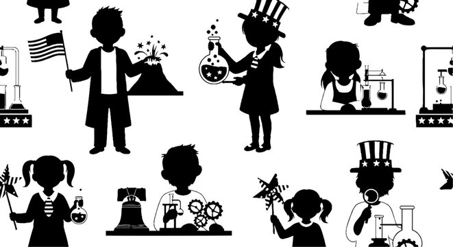 Student silhouettes performing science experiments and lab research