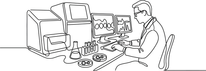 Obraz premium Scientist in Laboratory Analyzing Data on Computer with Scientific Equipment
