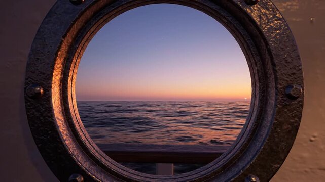 Sunset view through a ship porthole on the ocean