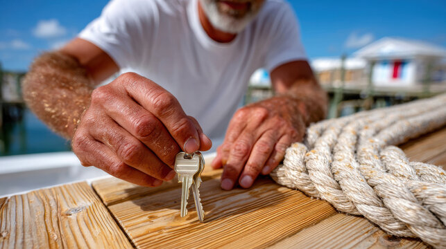 Closeup of man placing keys on dock for boat rental service and yacht charter promotional banner with nautical rope