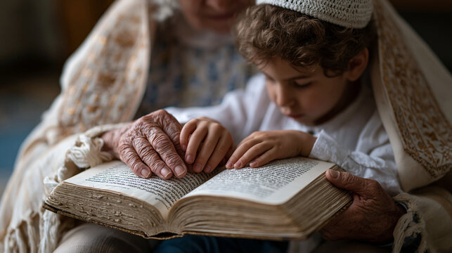 Close-up of weathered older hands and younger smooth hands both gripping the same prayer book during Rosh Hashanah services, the generational continuity and memory implied by the physical connection