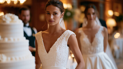 Naklejka premium Catering staff wheeling tiered fondant wedding cake toward reception table while bride watches anxiously in hotel ballroom, sommelier and event coordinator hovering nearby during venue setup before 