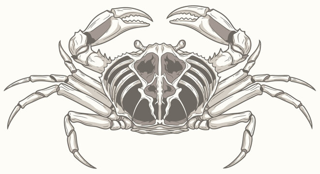 Detailed monochrome illustration of a crab with intricate carapace patterns and prominent claws, depicted from a top-down view.