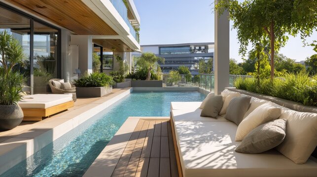 Serene poolside retreat on a contemporary residence terrace with canvas daybeds and lush garden