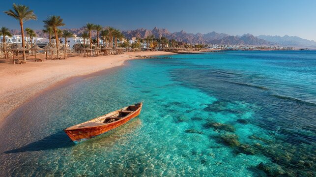Serene shoreline along the Sharm El Sheikh coast with clear water and distant desert mountains