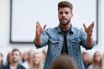 Naklejka premium Charismatic young man giving a presentation to an engaged audience, gesturing enthusiastically with his hands.