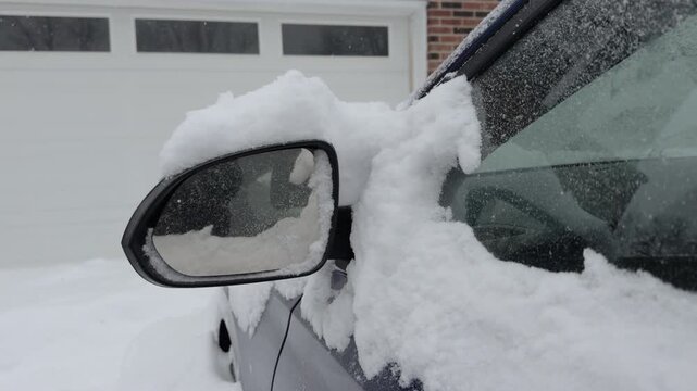 Snow falling on parked car in front of home 4k
