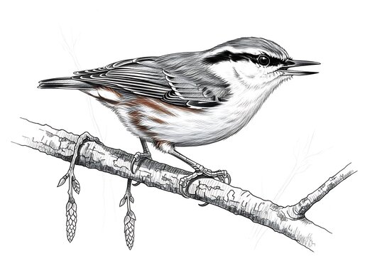 Small nuthatch bird perched on a branch drawing illustration