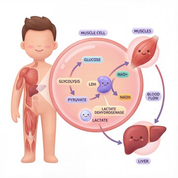 Illustrative representation of the Cori cycle, detailing glucose metabolism, lactate production in muscle cells, and its regeneration in the liver through blood flow, highlighting energy pathways