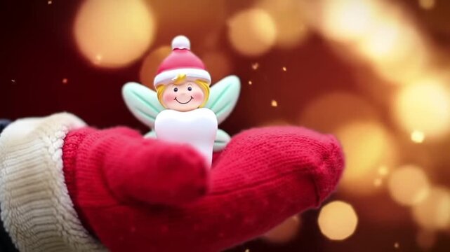 Tooth fairy figurine in red gloved hand with bokeh background