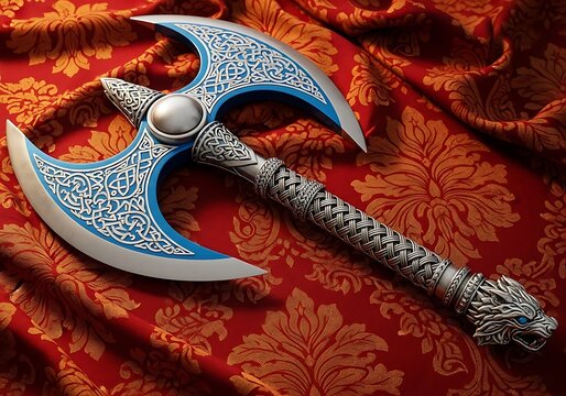Ornate double blade axe with wolf head handle illustration