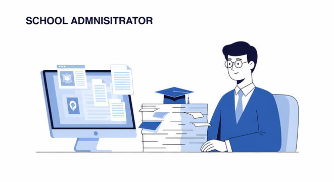 School administrator working at computer with documents