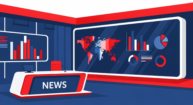 News studio background with world map and data charts