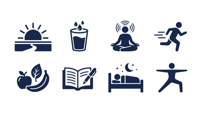 Set of healthy lifestyle habit icons for daily routine and wellness.