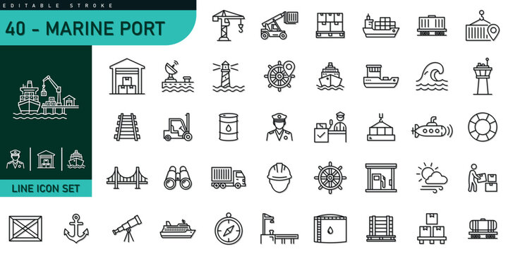 Marine Port Outline Icon Set featuring harbor, cargo shipping, container terminal, dockyard, freight logistics, sea transport, warehouse, crane and maritime industry editable stroke vector collection