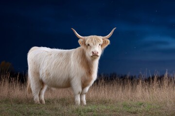 Fototapeta premium cute highland cow, white with light brown fur and long hair on its head, standing in the grassy meadow at night