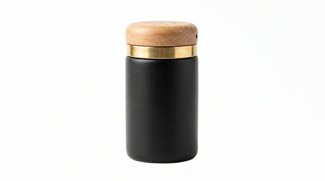 Minimalist black container with a wooden lid and brass accent, perfect for modern storage and decor
