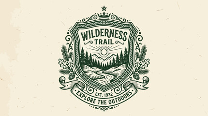 Vintage Wilderness Trail Badge Featuring Scenic Landscape and Sun, Ideal for Outdoor Exploration Themes © Pidi