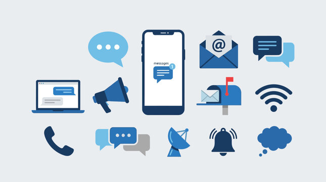 Digital communication technology icons on screen.