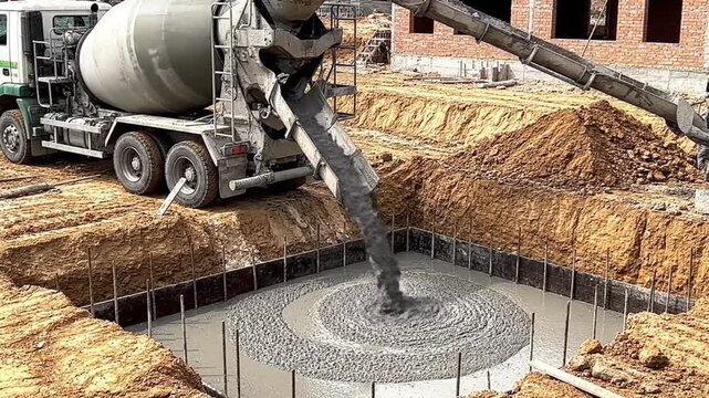 Concrete mixer truck delivering and pouring wet cement into foundation formwork on a construction site