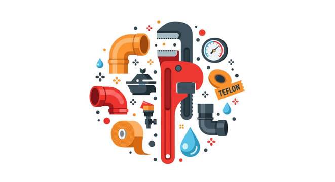 Professional Plumbing Service and Repair Vector Illustration Featuring Wrench, Pipes, Pressure Gauge, and Maintenance Tools in Circular Layout