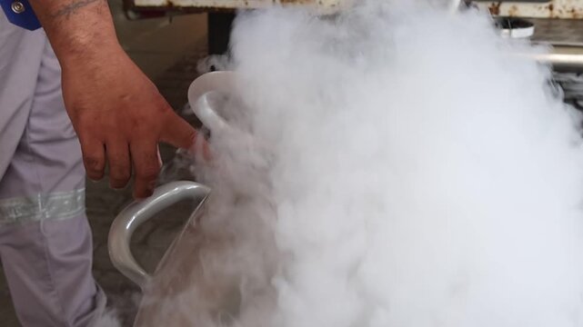 Close-up of a hand pointing toward the QR code on a misting or fogging container, partially covered by dense white vapor. The scene highlights human interaction with modern equipment.