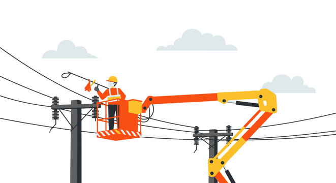 Electrician Lineman Repairing Power Lines from a Bucket Truck Vector Illustration